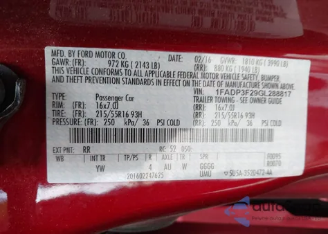 2016 Ford Focus Se from USA, damaged, VIN 1FADP3F29GL288817